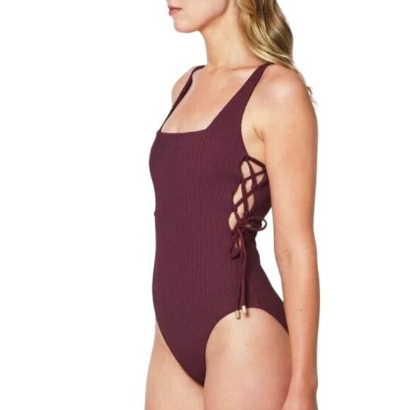 NEW Sanctuary Sandbar‎ Solids Lace-Up One-Piece Swimsuit in Retrograde/Maroon, L - Picture 1 of 11